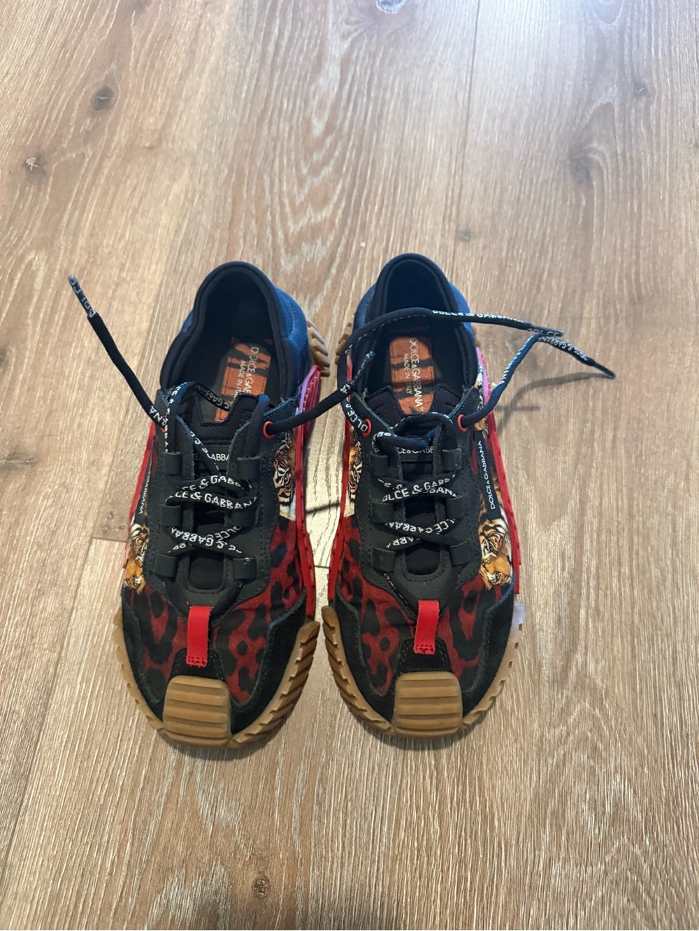 Dolce & Gabbana Red Black Leopard-Print Sneakers with Gold Accents